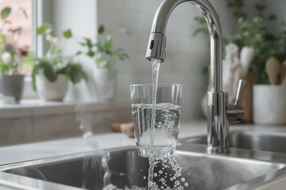 Glas med klart dricksvatten fyllt från kran hemma