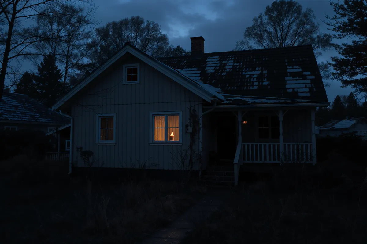 Hus i skymning med ljus tänt i bara delar av huset – strömavbrott i en del av bostaden